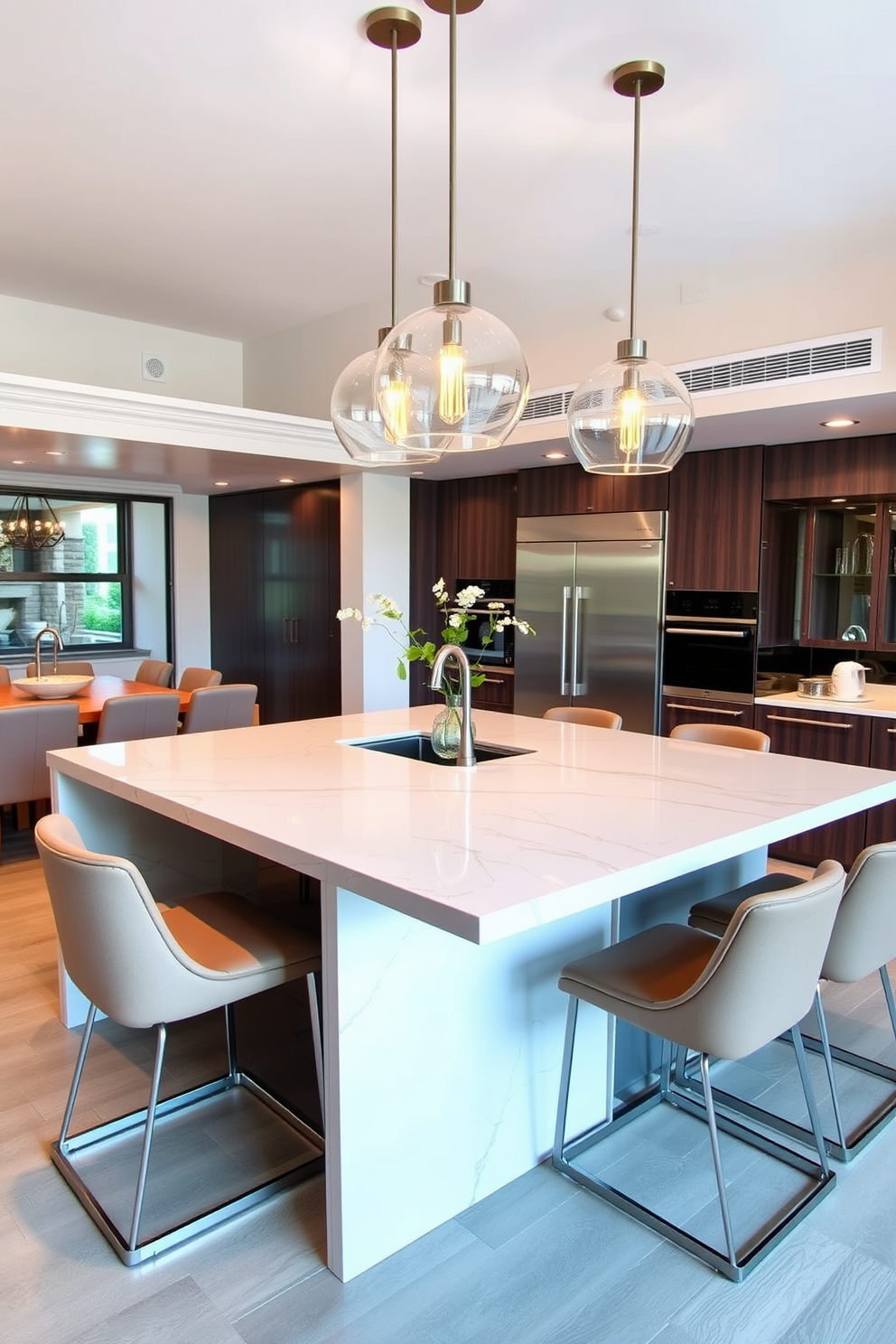 A modern integrated kitchen island with seating. The island features a sleek quartz countertop and comfortable bar stools, creating a perfect space for casual dining and entertaining. The kitchen is designed with an open layout, blending seamlessly into the dining area. Elegant pendant lights hang above the island, illuminating the space and enhancing the warm, inviting atmosphere.