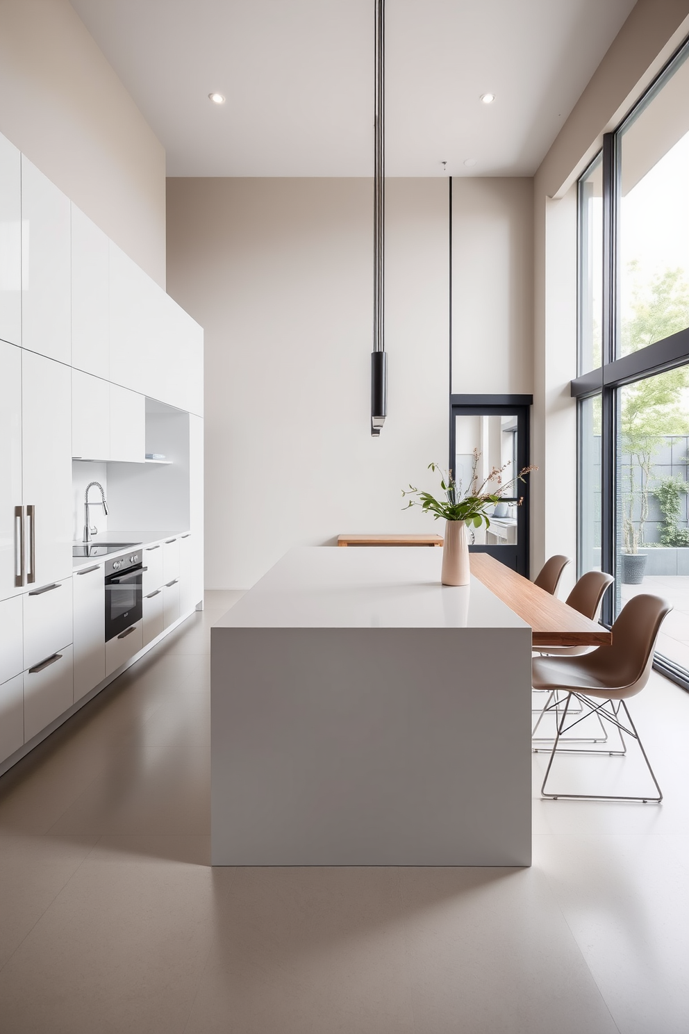 A minimalist kitchen dining room features sleek cabinetry with a glossy finish and a large island at the center. The dining area includes a simple wooden table surrounded by modern chairs, all set against a backdrop of neutral-toned walls and large windows that allow natural light to flood the space.