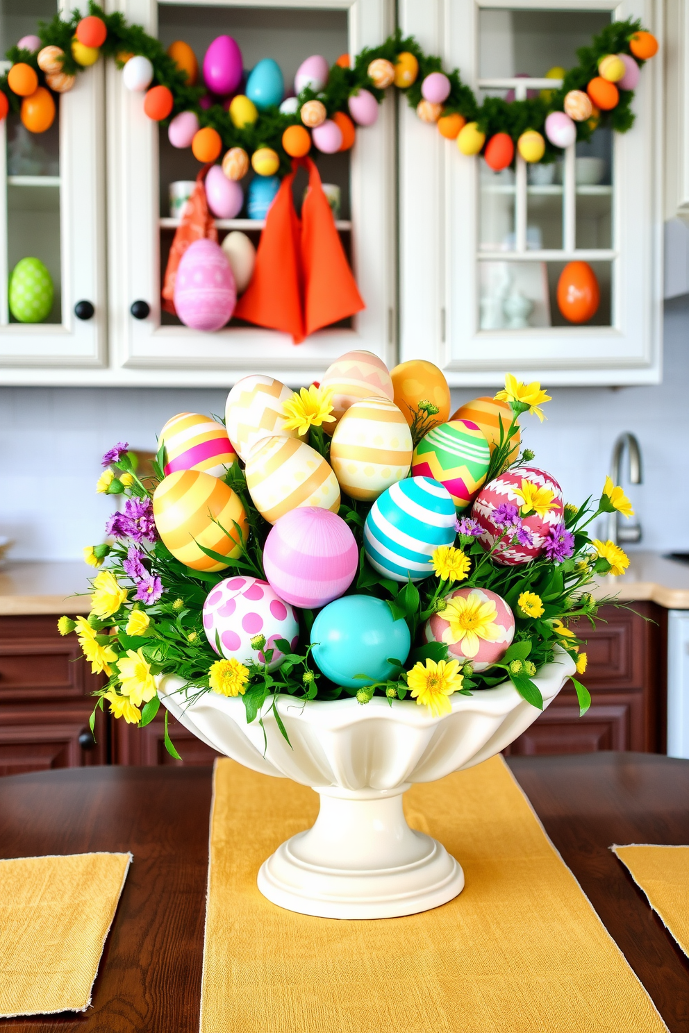 A vibrant centerpiece featuring an array of colorful Easter eggs in various sizes and patterns. The eggs are artistically arranged in a decorative bowl surrounded by fresh spring flowers and greenery. The kitchen is adorned with cheerful Easter decorations, including garlands of pastel-colored eggs hanging from cabinets. Brightly colored dish towels and table runners complement the festive theme, creating a warm and inviting atmosphere.