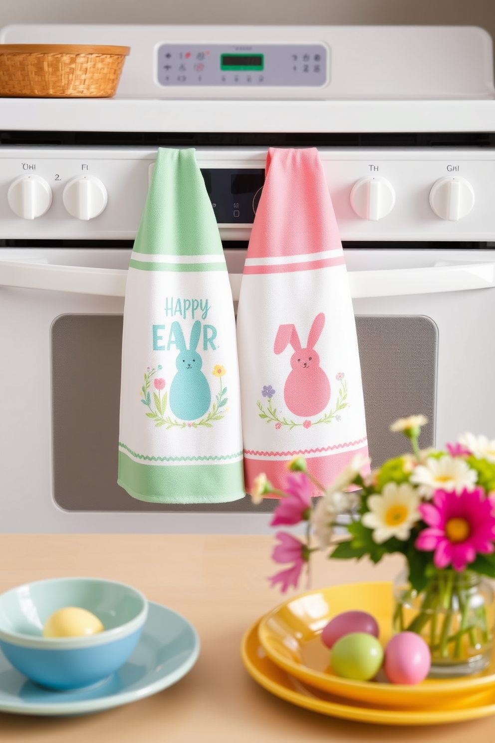 Seasonal dish towels with motifs hang neatly on the oven handle, showcasing vibrant colors and playful designs that celebrate the spirit of Easter. A cheerful table setting features pastel-colored plates and a centerpiece adorned with fresh flowers and decorative eggs, creating a festive atmosphere in the kitchen.