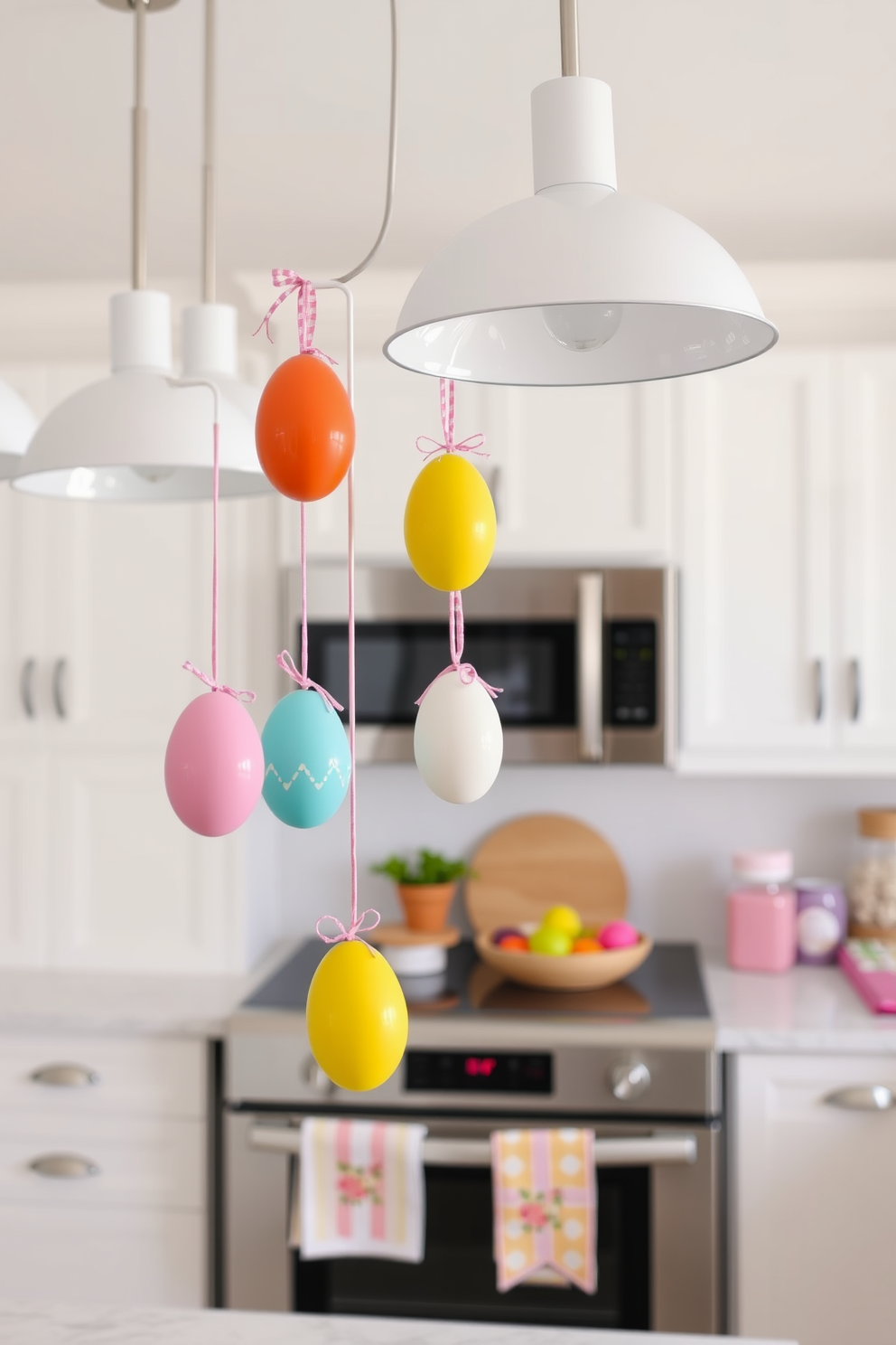 Hanging egg ornaments in vibrant colors dangle from modern light fixtures, adding a whimsical touch to the kitchen. The space is adorned with pastel-themed decorations, creating a cheerful and festive atmosphere for Easter celebrations.