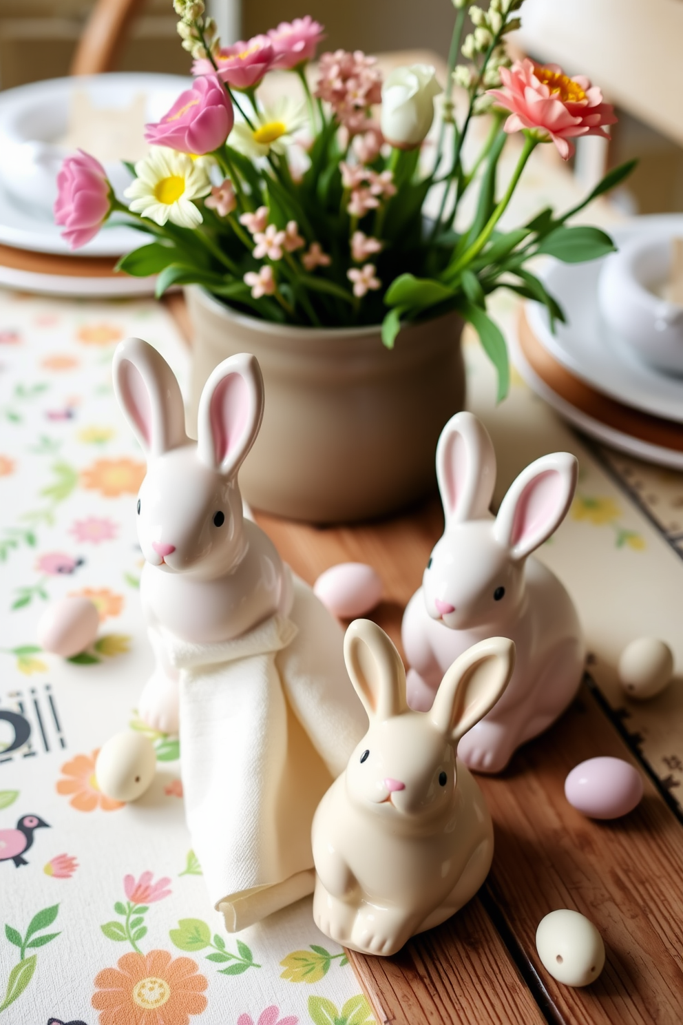 Cute bunny napkin holders for a festive table setting. These whimsical holders are crafted from ceramic with a glossy finish and feature adorable bunny designs in pastel colors. Place them on a rustic wooden table adorned with a cheerful spring-themed tablecloth. Surround the napkin holders with small decorative eggs and fresh flowers for a delightful Easter ambiance.