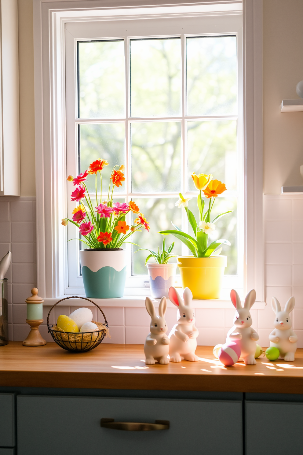 A bright kitchen filled with natural light. On the windowsill, colorful potted spring flowers bloom, adding a cheerful touch to the space. Easter decorations adorn the kitchen with pastel-colored accents. Decorative eggs and bunny figurines are tastefully arranged on countertops and shelves, creating a festive atmosphere.