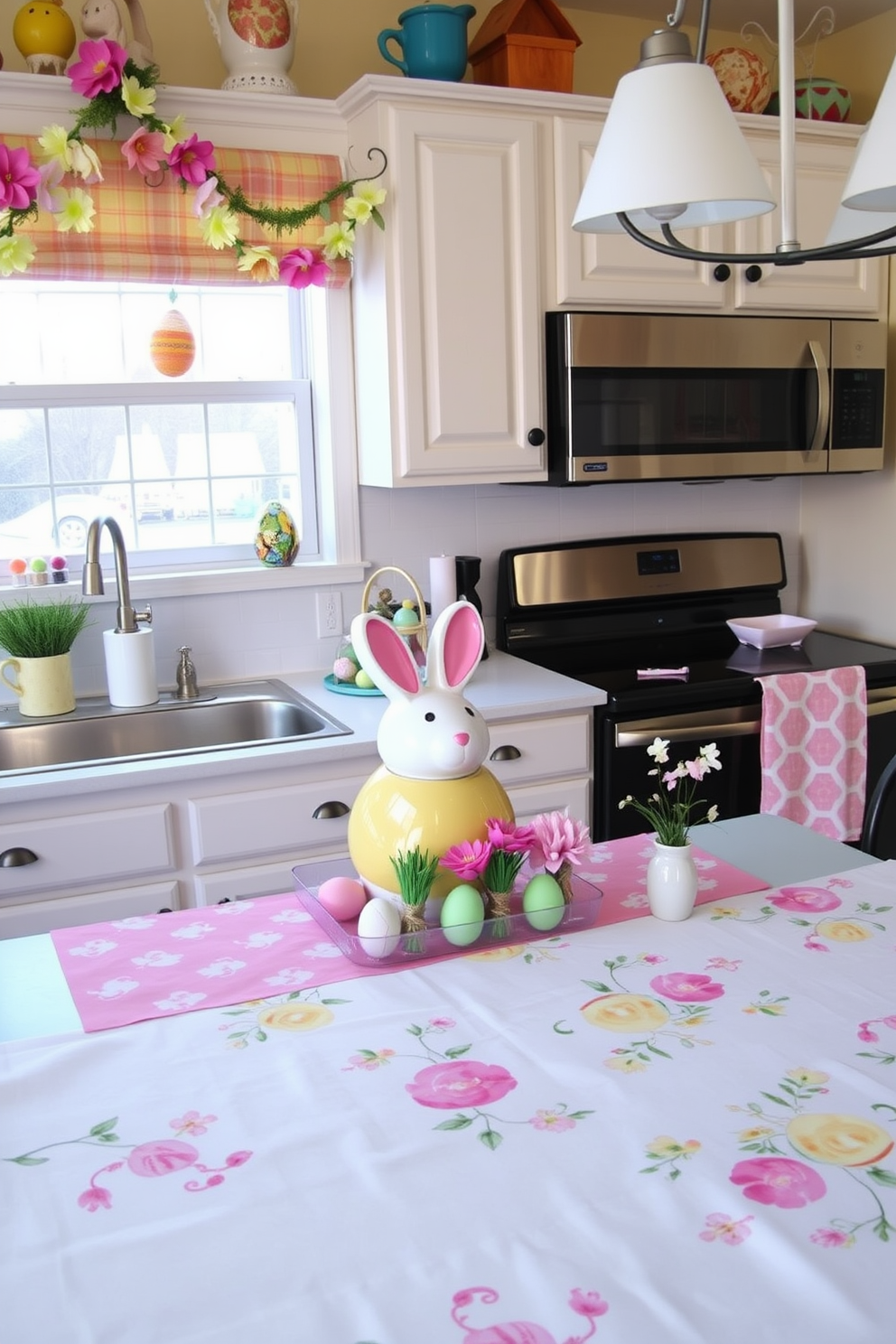 A cheerful kitchen setting adorned with Easter-themed decorations. A colorful cookie jar shaped like a bunny sits on the countertop, surrounded by pastel-colored eggs and small flower arrangements. Brightly colored table linens featuring Easter motifs cover the dining table. Hanging from the cabinets are garlands of paper flowers and egg-shaped ornaments, adding a festive touch to the space.