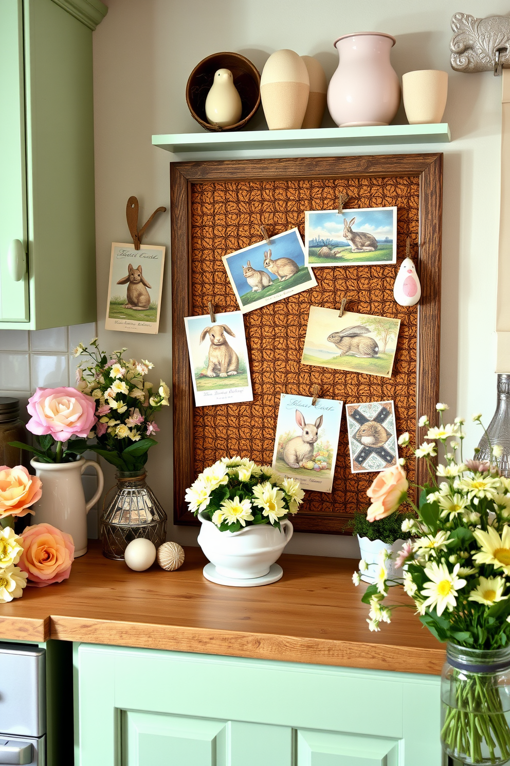 A charming kitchen scene adorned with vintage-inspired Easter postcards. The postcards are pinned to a rustic corkboard, surrounded by pastel-colored decorations and floral arrangements.