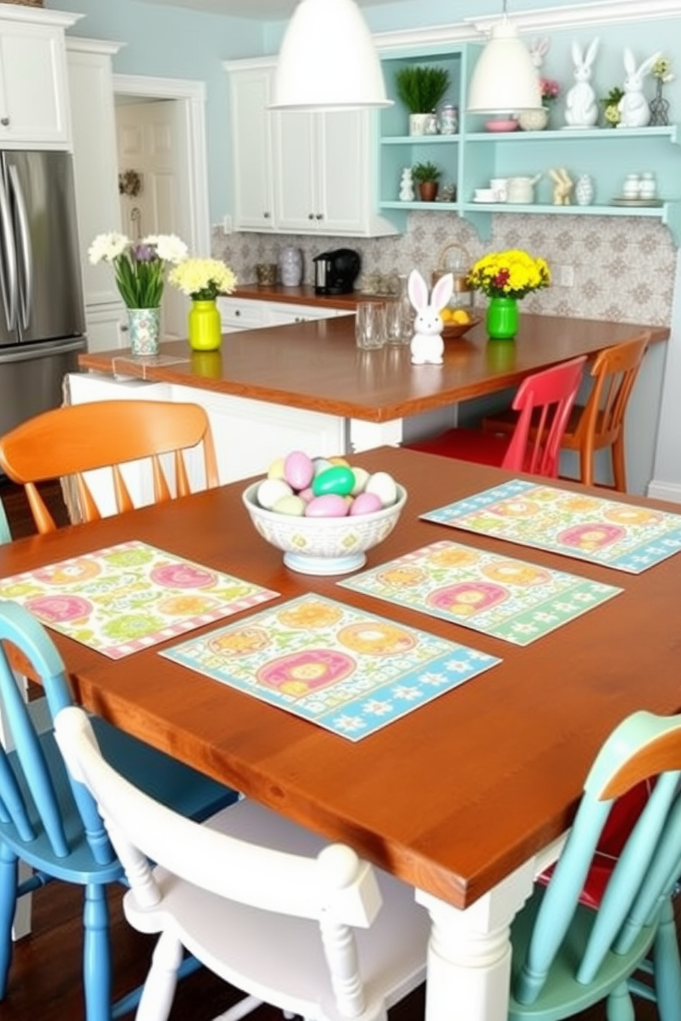 Brightly colored placemats are spread across a wooden dining table, each featuring vibrant patterns that enhance the festive atmosphere. Surrounding the table are mismatched chairs in cheerful hues, creating a lively and inviting dining space. The kitchen is adorned with Easter decorations, including pastel-colored eggs nestled in a decorative bowl on the countertop. Spring flowers in bright vases add a fresh touch, while whimsical bunny figurines peek out from various shelves, celebrating the holiday spirit.