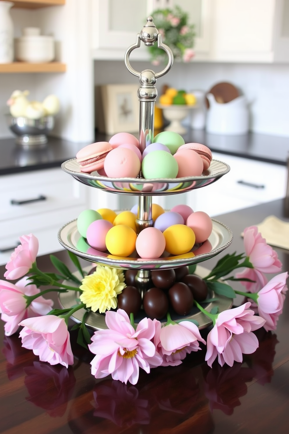 A tiered tray elegantly displays an assortment of colorful treats including pastel macarons and chocolate eggs. Fresh flowers in soft hues are placed around the tray, adding a festive touch to the kitchen decor for Easter.