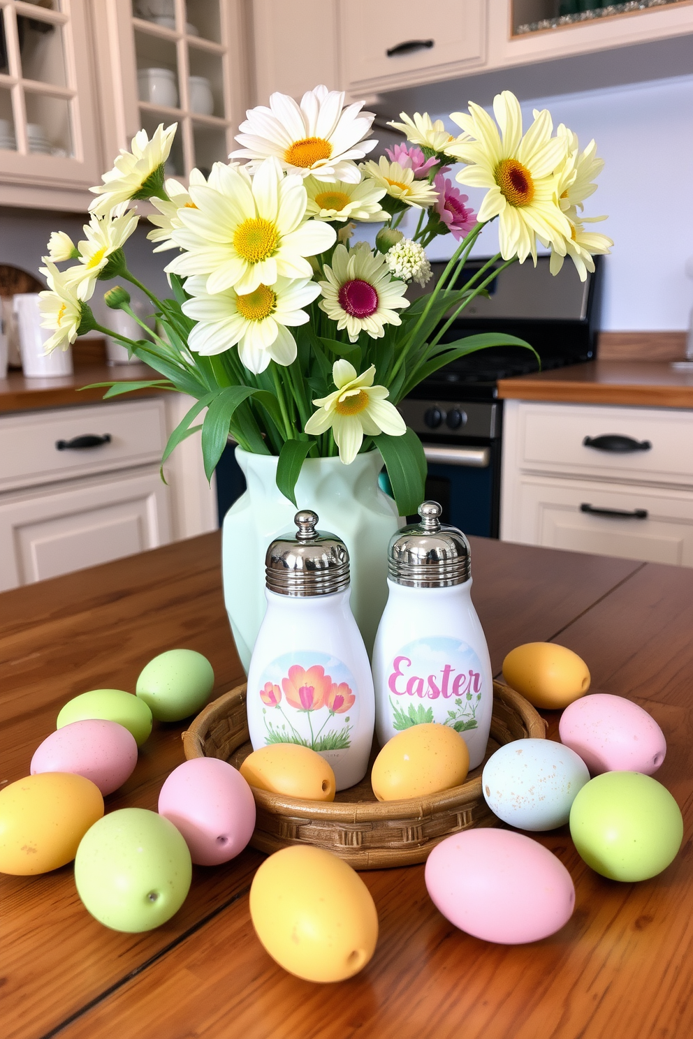 A charming kitchen scene featuring Easter-themed salt and pepper shakers in the center of a rustic wooden table. Surrounding the shakers are colorful Easter eggs and a bouquet of fresh spring flowers in a pastel vase.