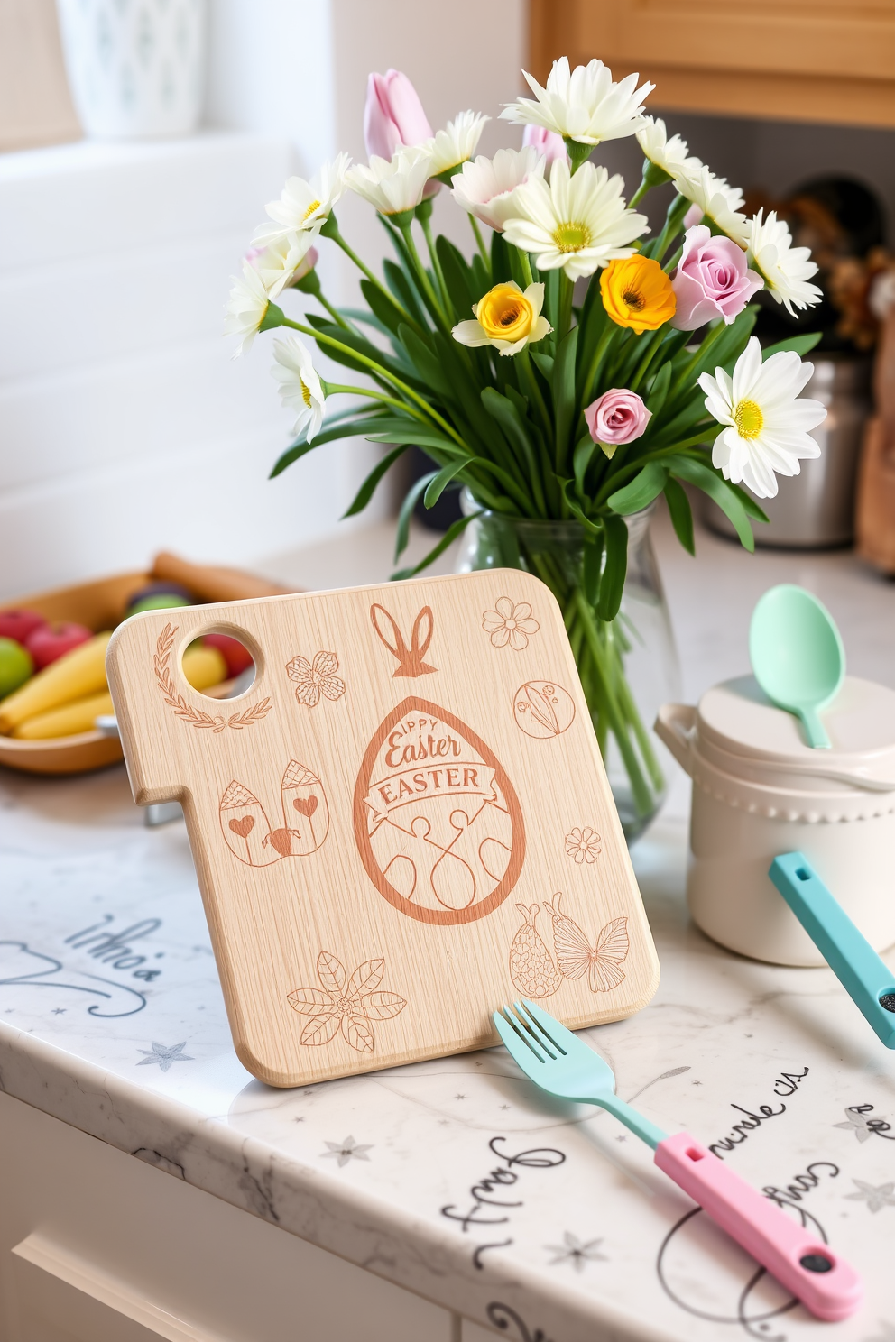 A decorative cutting board is displayed on the kitchen countertop featuring intricate Easter-themed designs. Surrounding the board are pastel-colored utensils and a vase filled with fresh spring flowers, creating a cheerful and festive atmosphere.