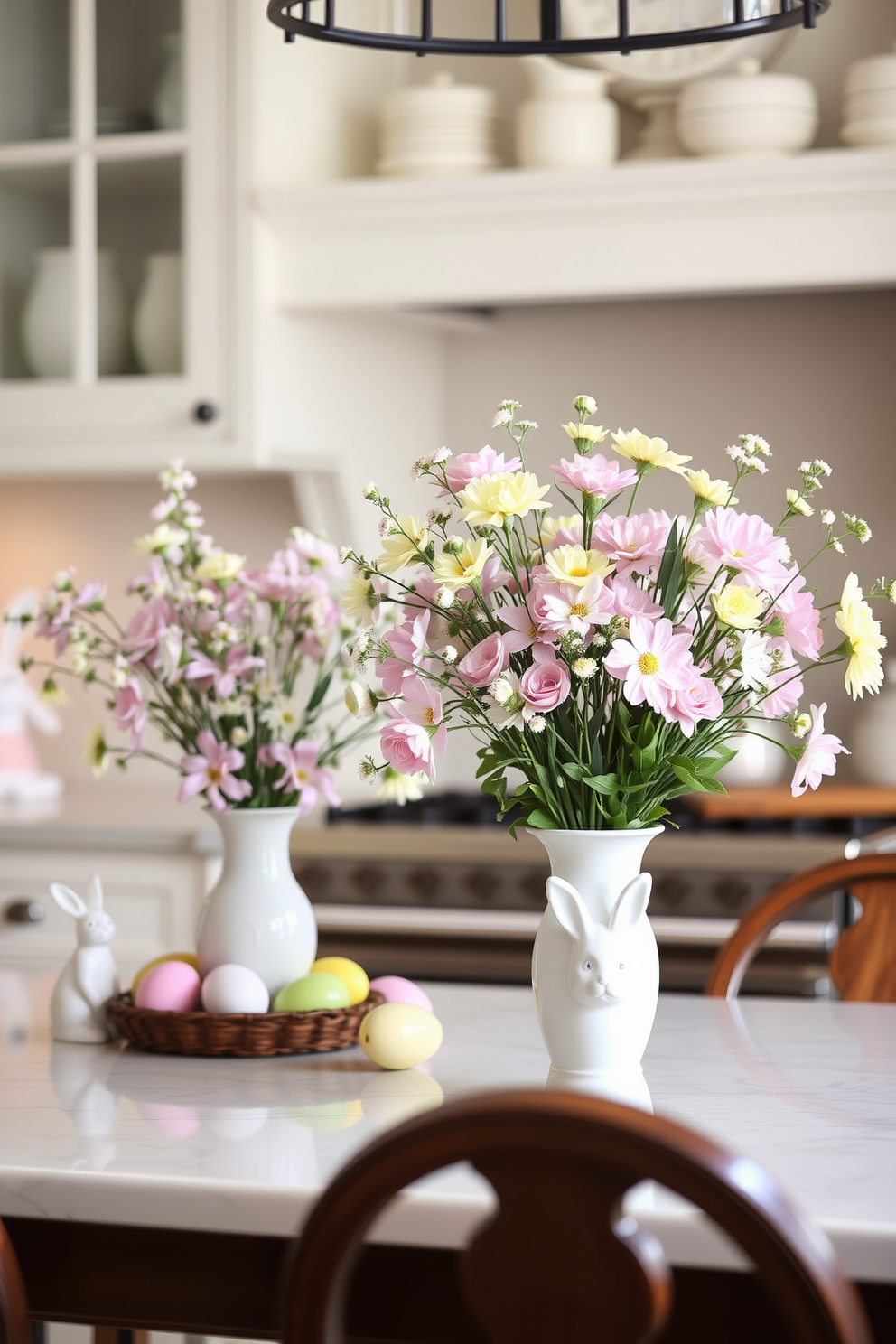 Floral arrangements in pastel hues create a soft and inviting atmosphere in the kitchen. Delicate blooms in shades of pink, lavender, and soft yellow are artfully arranged in charming vases on the countertop and dining table. For Easter decorating ideas, incorporate seasonal elements such as colorful eggs and bunny figurines. These cheerful accents can be placed alongside the floral arrangements to enhance the festive spirit of the kitchen.