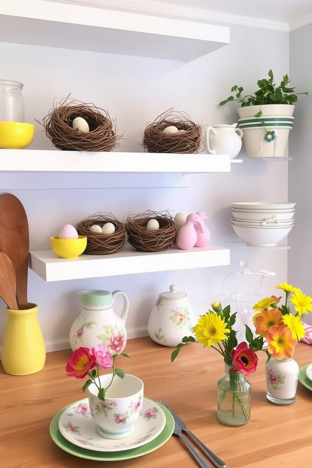 Miniature bird nests are creatively arranged on open kitchen shelves, adding a touch of whimsy and nature to the space. Soft pastel colors dominate the decor, with delicate eggs nestled inside the nests to enhance the Easter theme. Brightly colored tableware complements the festive atmosphere, featuring floral patterns and cheerful hues. Fresh flowers in small vases are placed strategically around the kitchen, bringing life and vibrancy to the Easter celebration.