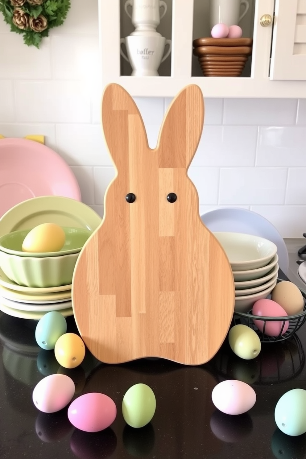 A charming kitchen display featuring a bunny-shaped cutting board as the centerpiece. Surrounding the cutting board are pastel-colored dishes and decorative eggs, creating a festive Easter atmosphere.