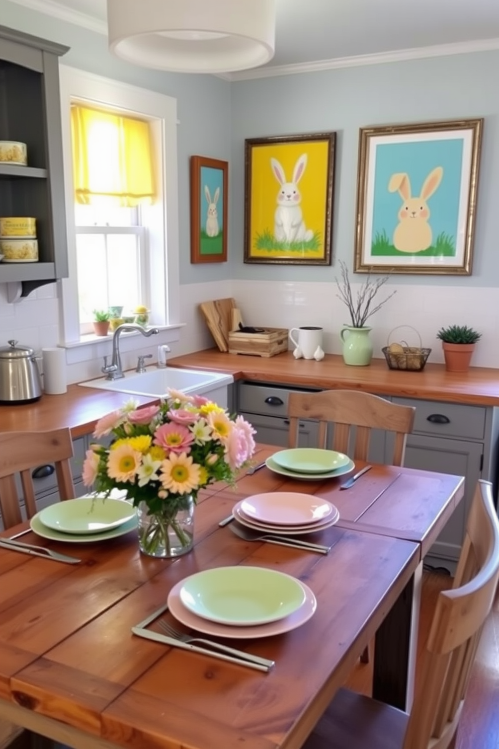 A charming kitchen adorned with Easter-themed wall art. Brightly colored prints featuring bunnies and eggs are framed and hung above a rustic wooden table. The table is set with pastel-colored dishes and a centerpiece of fresh flowers. Soft, natural light streams in through a window, illuminating the cheerful decorations.