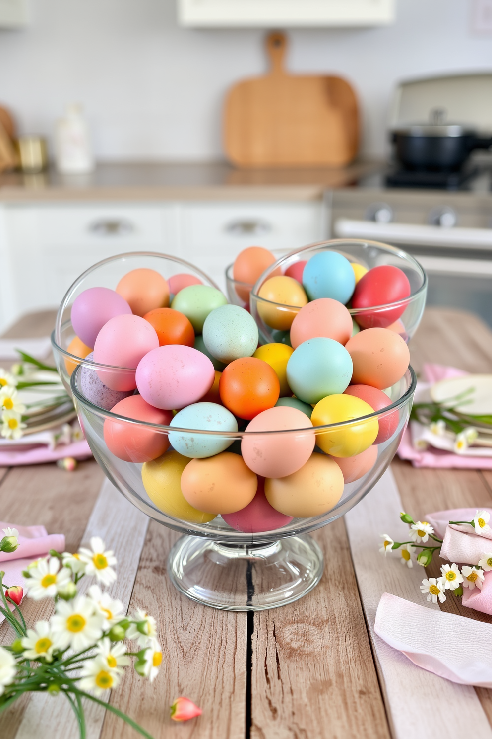 Colorful eggs are arranged in clear glass bowls of varying sizes, creating a vibrant centerpiece for a festive kitchen. The bowls are placed on a rustic wooden table, surrounded by fresh spring flowers and soft pastel linens.