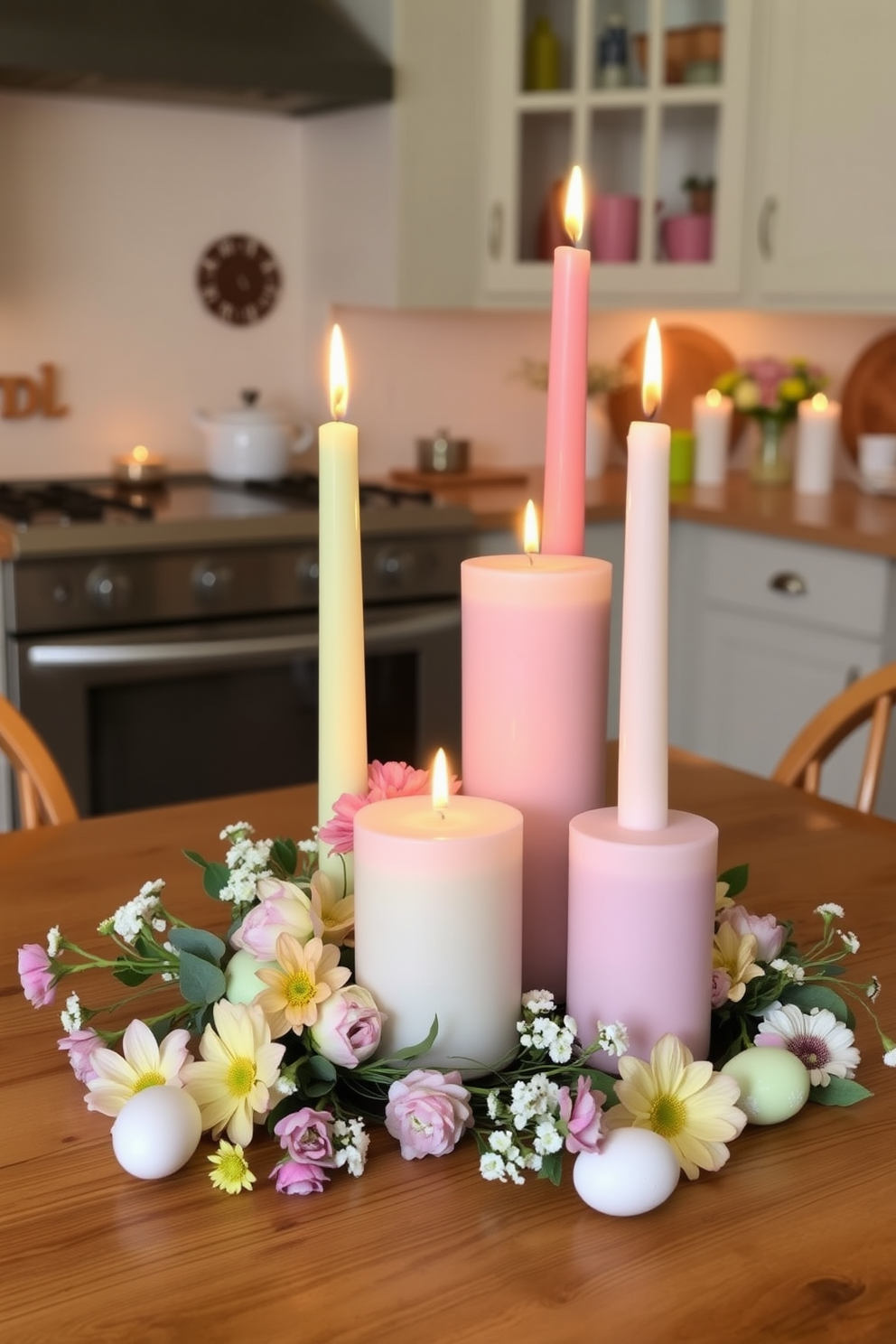 A cozy kitchen setting adorned with seasonal candles in pastel colors. The candles are arranged on a wooden dining table, surrounded by fresh flowers and decorative Easter eggs.