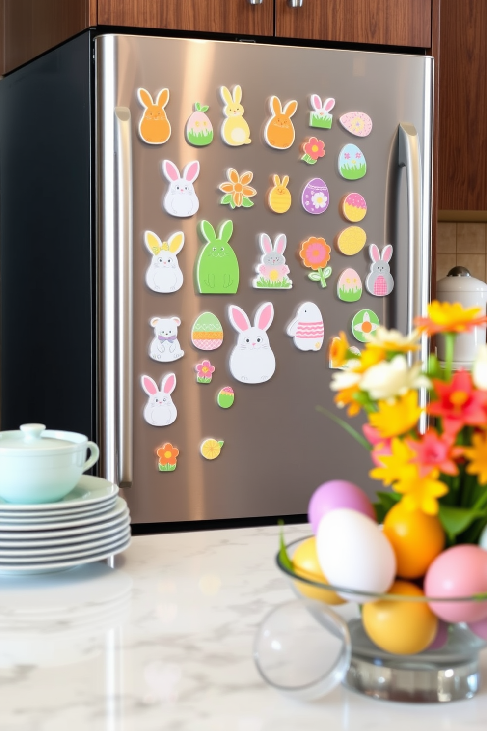 A collection of colorful Easter-themed fridge magnets adorns a modern kitchen refrigerator. Each magnet features whimsical designs such as bunnies, eggs, and spring flowers, creating a festive atmosphere. The kitchen countertop is decorated with pastel-colored dishes and a floral centerpiece. Brightly colored eggs are arranged in a decorative bowl, enhancing the cheerful Easter theme.