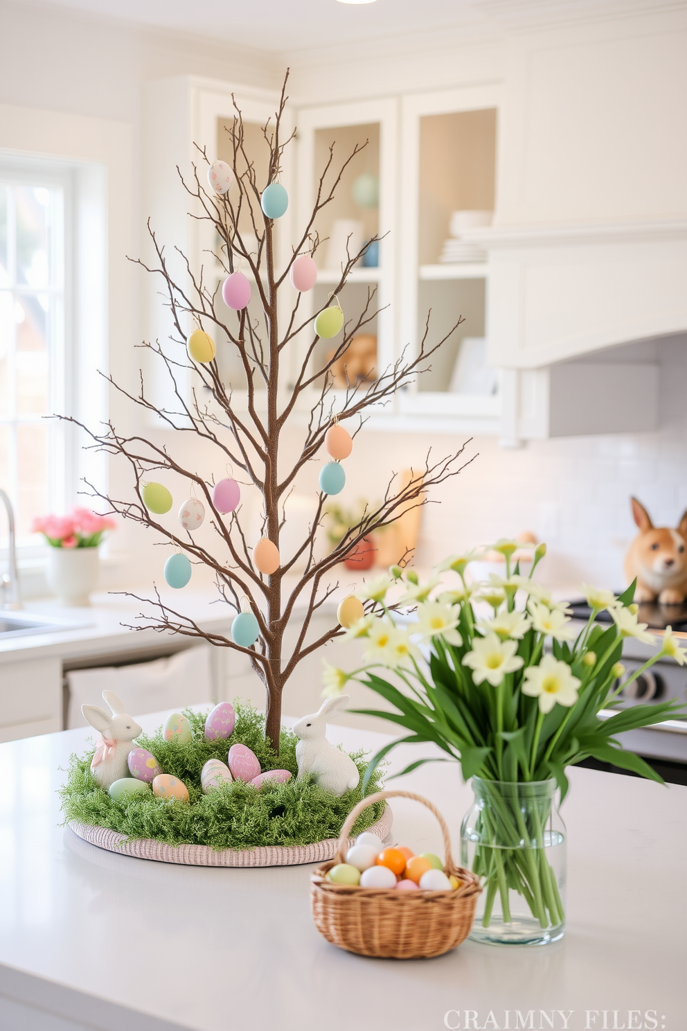 A charming tabletop Easter tree adorned with colorful ornaments stands in the center of a bright kitchen. The tree is surrounded by pastel-colored eggs and delicate bunnies, creating a festive and inviting atmosphere. On the kitchen counter, a collection of decorative baskets filled with seasonal treats complements the Easter theme. Fresh flowers in a vase add a touch of springtime cheer, enhancing the overall decor.