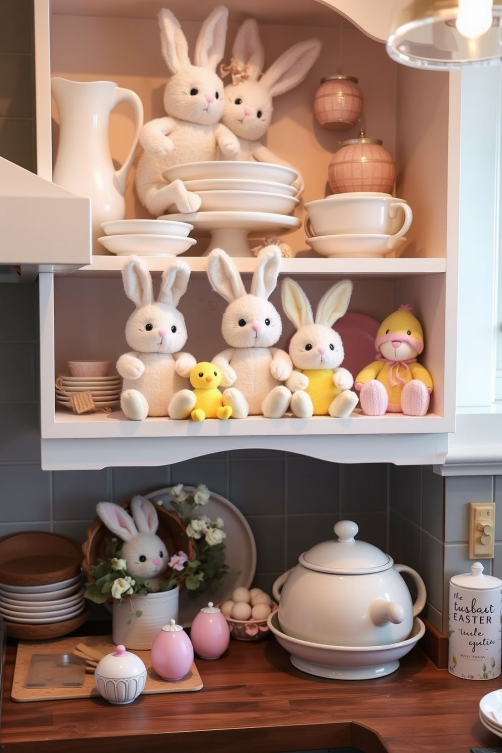 A cozy kitchen setting adorned with cute bunny and chick plush toys. The plush toys are playfully arranged on open shelves, surrounded by pastel-colored dishware and seasonal decorations.