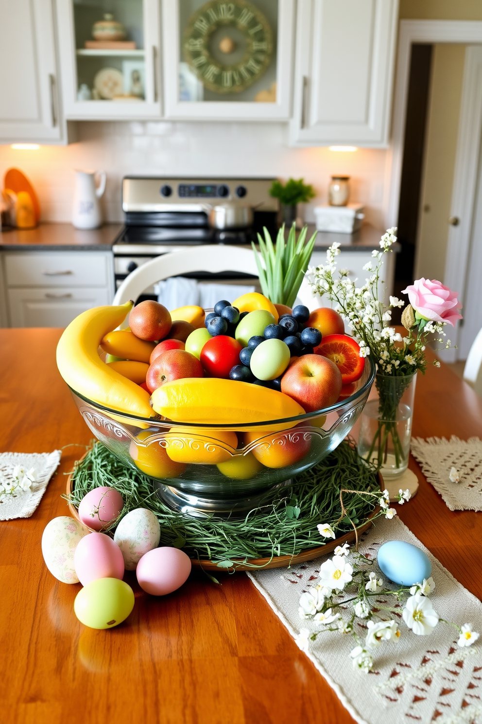 A vibrant seasonal fruit bowl is placed at the center of a beautifully decorated kitchen table. Surrounding the bowl are charming Easter decorations including pastel-colored eggs and delicate floral arrangements.