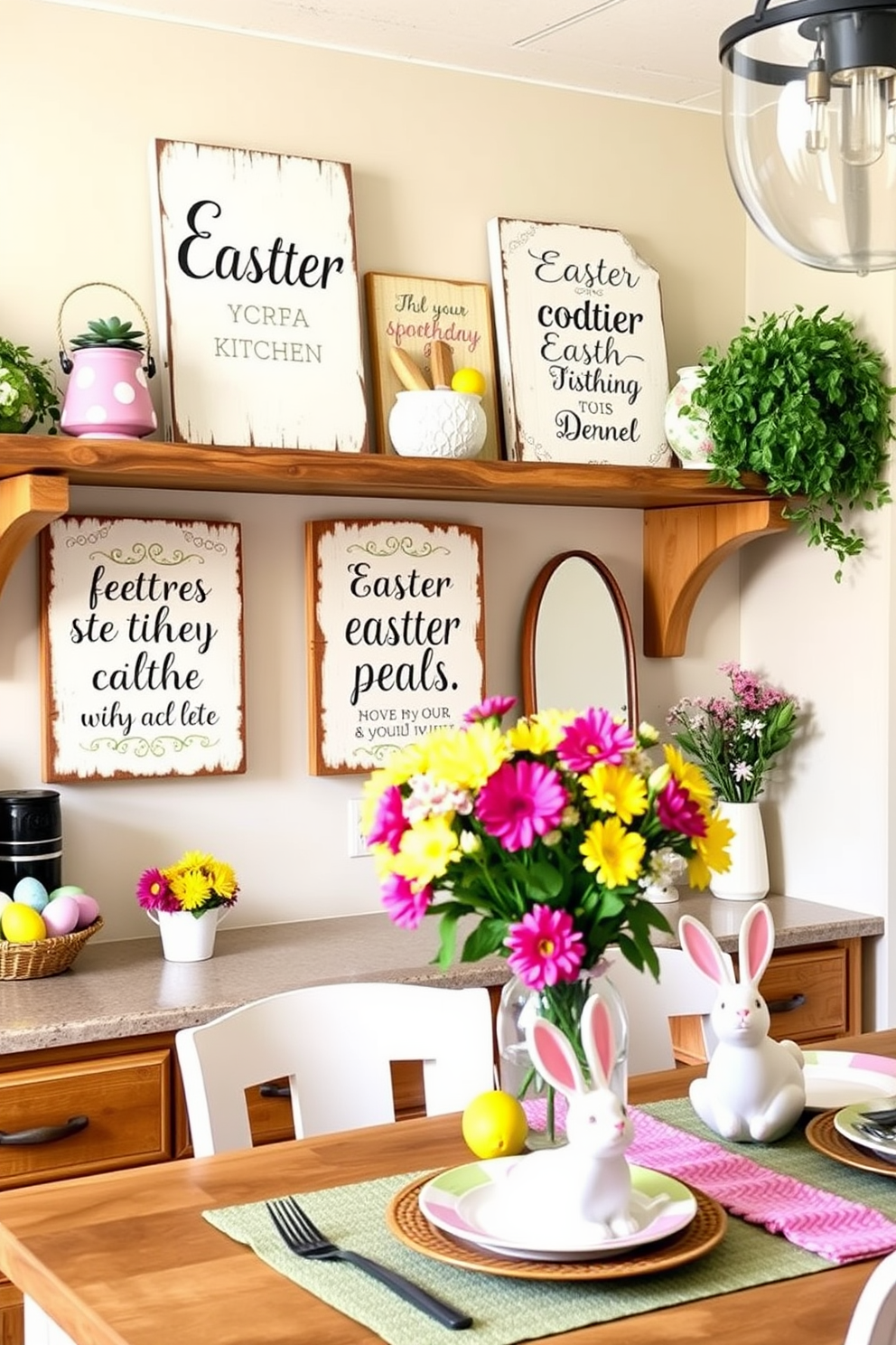 Decorative wooden signs featuring charming Easter quotes are displayed on a rustic kitchen shelf. The signs are adorned with pastel colors and intricate designs, adding a festive touch to the warm, inviting atmosphere. Incorporate vibrant floral arrangements and colorful eggs into your kitchen decor to enhance the Easter spirit. A cheerful table setting with bunny-themed tableware complements the overall festive theme.