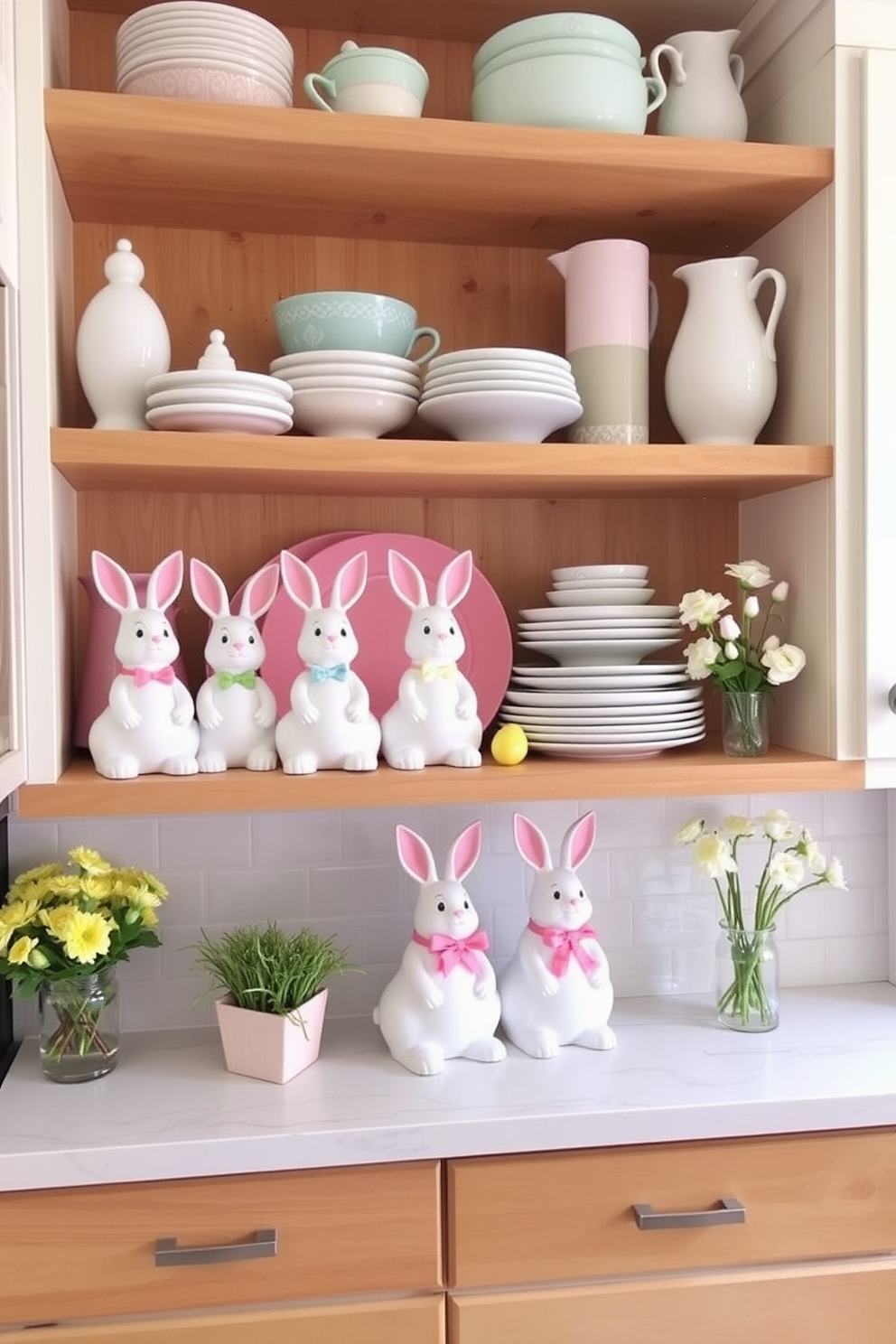 Bunny figurines are arranged on open kitchen shelves, adding a whimsical touch to the space. The shelves are adorned with pastel-colored dishes and spring-themed decor, creating a cheerful atmosphere for Easter celebrations.