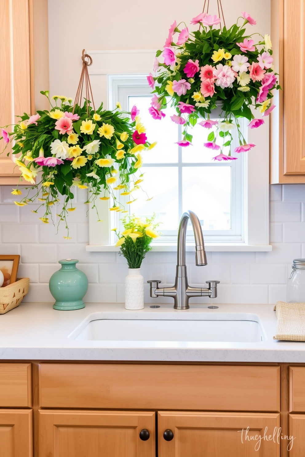 Create a charming kitchen scene decorated for Easter. Above the sink, vibrant hanging floral arrangements in pastel colors add a festive touch, complementing the light wood cabinetry and white subway tile backsplash.