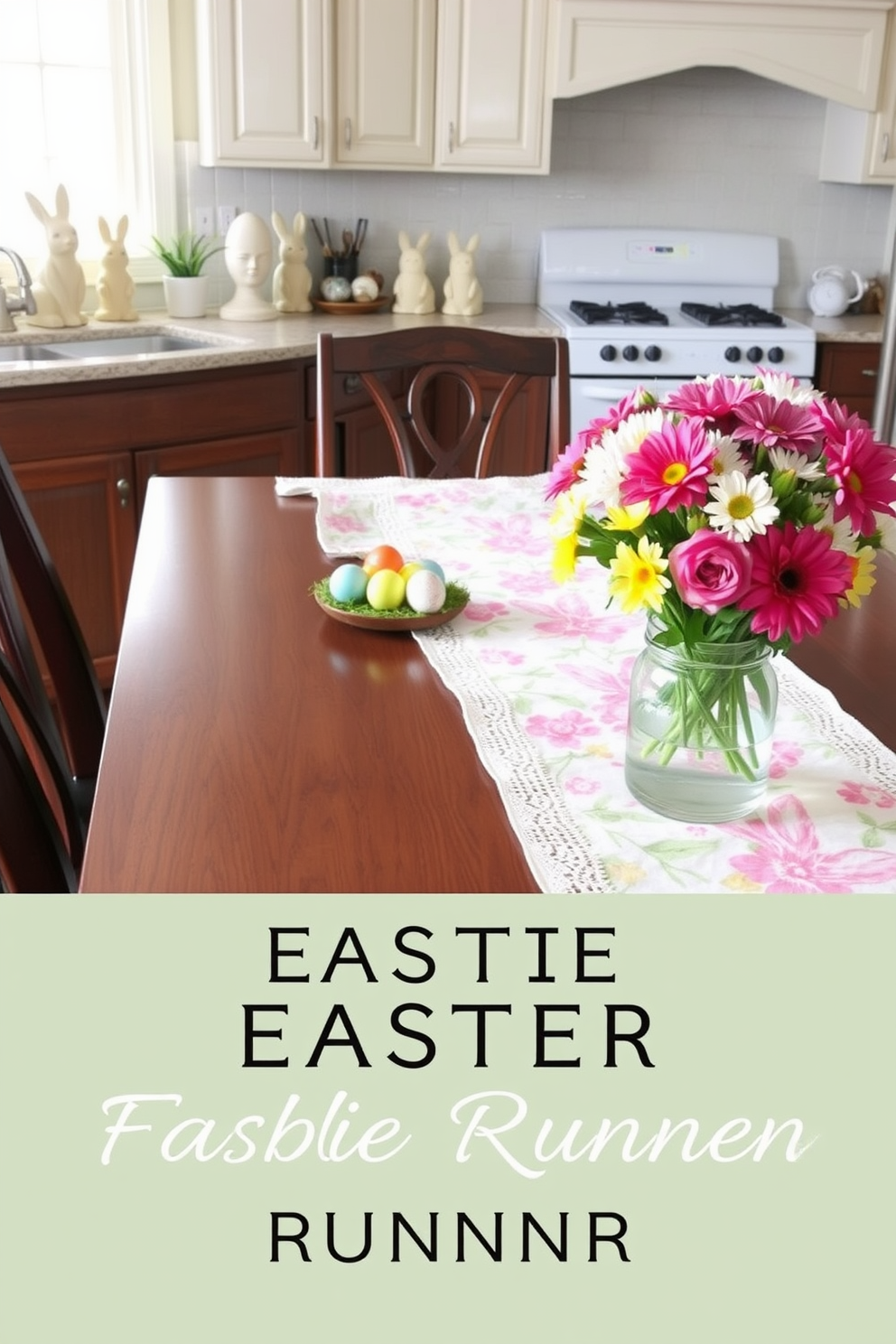 A charming Easter-themed table runner design featuring pastel-colored fabrics with floral patterns and bunny motifs. The runner is adorned with delicate lace trim, adding a touch of elegance to the festive dining setting. The kitchen is decorated with cheerful Easter accents, including colorful egg centerpieces and whimsical bunny figurines. Fresh spring flowers in vibrant hues are arranged in a vase, bringing a lively and inviting atmosphere to the space.