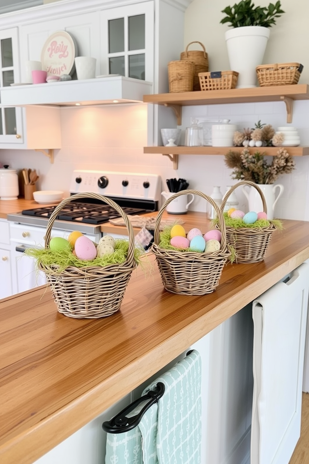 A cozy kitchen setting adorned for Easter. Decorative baskets filled with colorful eggs are placed on the wooden countertop, creating a festive atmosphere.