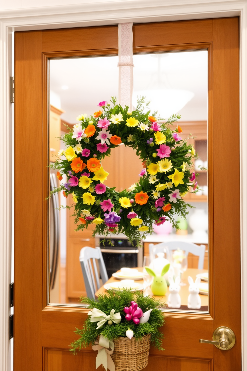 A vibrant spring wreath adorns the kitchen door, crafted from fresh flowers and greenery that evoke the essence of the season. The cheerful colors of the wreath complement the warm tones of the kitchen, inviting a sense of joy and renewal. Inside, the kitchen is decorated with playful Easter accents, including pastel-colored table settings and charming bunny figurines. Soft lighting enhances the festive atmosphere, creating a welcoming space for family gatherings and celebrations.