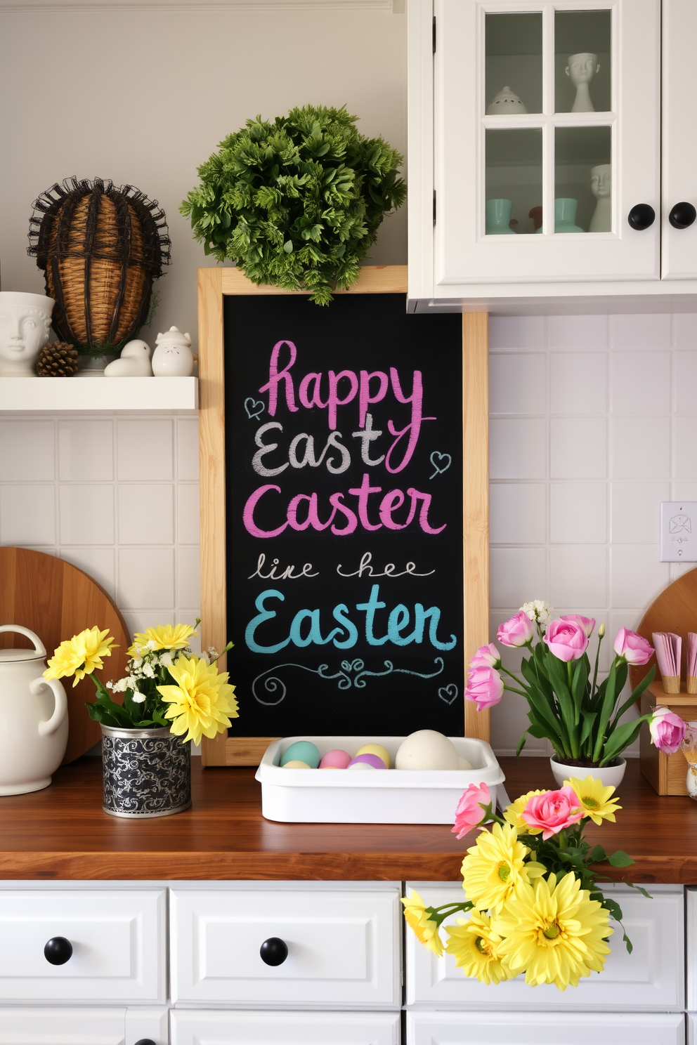 A charming kitchen adorned for Easter. A large chalkboard displays festive greetings in colorful chalk, surrounded by pastel-colored decorations and fresh flowers.