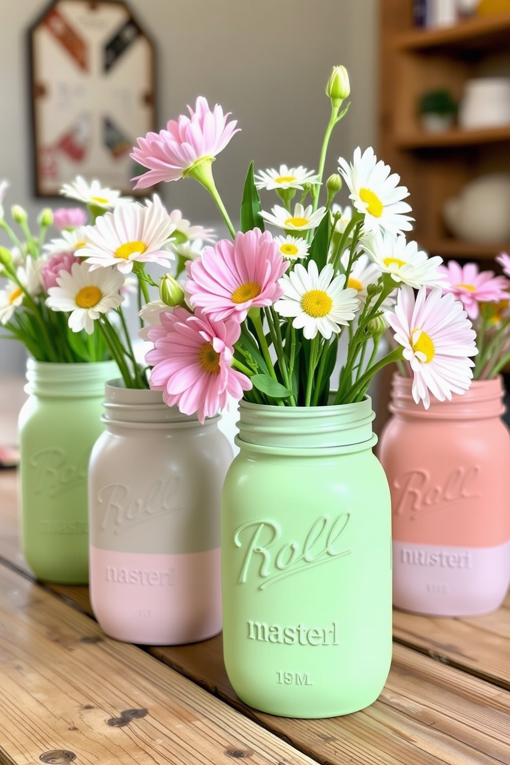 Painted mason jars in soft pastel colors serve as charming vases filled with fresh spring flowers. These decorative jars are arranged on a rustic wooden table, creating a vibrant and inviting centerpiece for your Easter celebration.