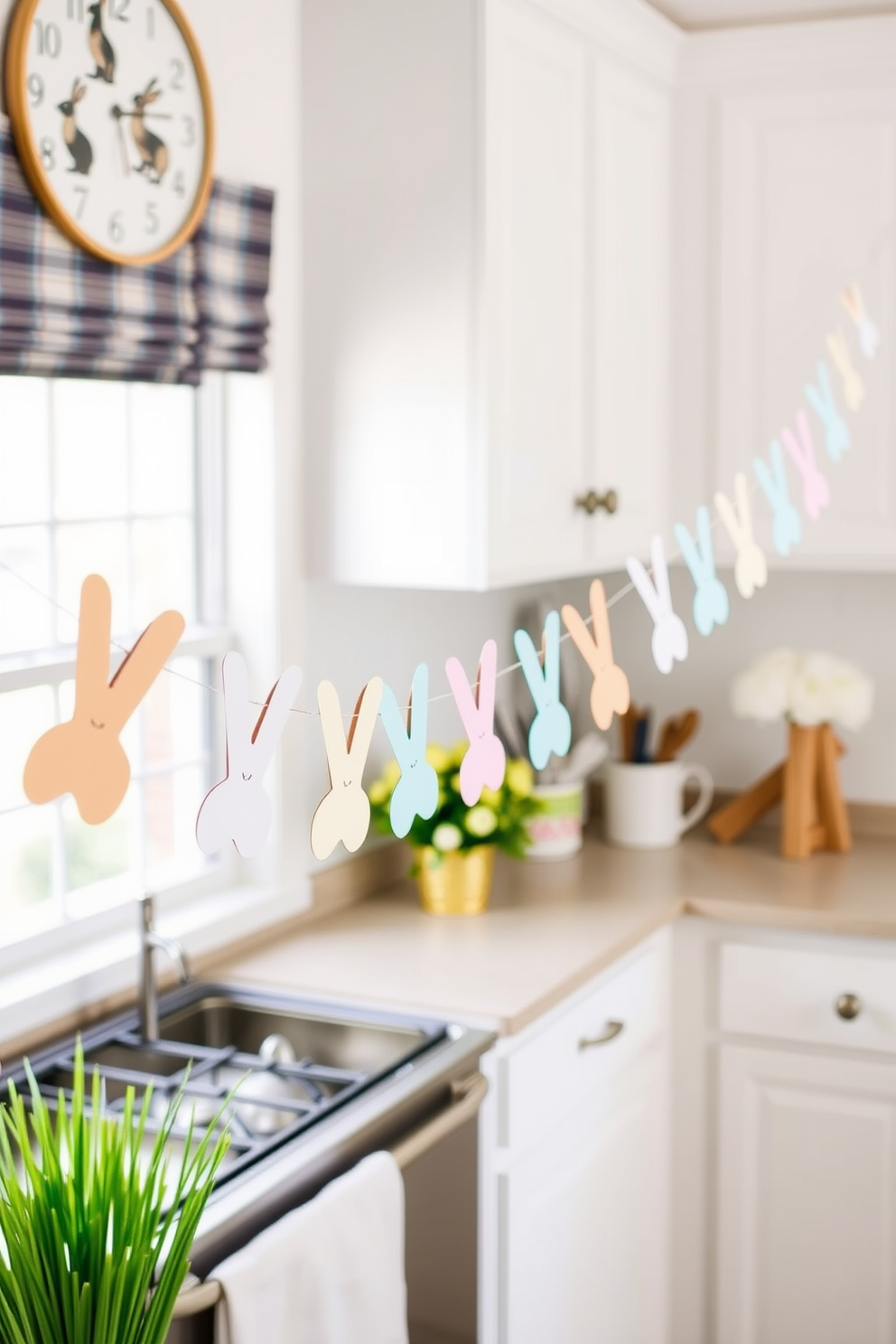 A whimsical garland of paper bunnies hangs cheerfully across the kitchen, adding a playful touch to the festive decor. The bunnies are crafted in pastel colors, creating a light and airy atmosphere that brightens the space for Easter celebrations.