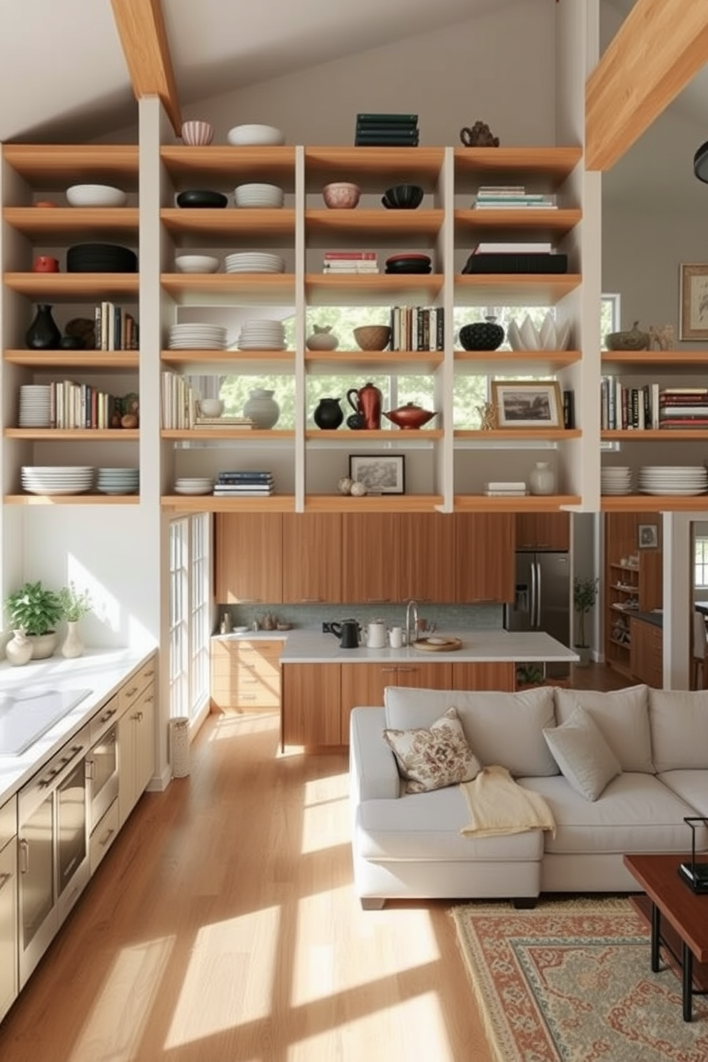 Open shelving creates a functional and inviting kitchen family room combo. The shelves are filled with neatly arranged dishes, cookbooks, and decorative items, enhancing the space's warmth and accessibility. The family room features a cozy seating area with a large sectional sofa and a stylish coffee table. Natural light floods the room through large windows, complementing the open layout and creating a seamless flow between the kitchen and living spaces.