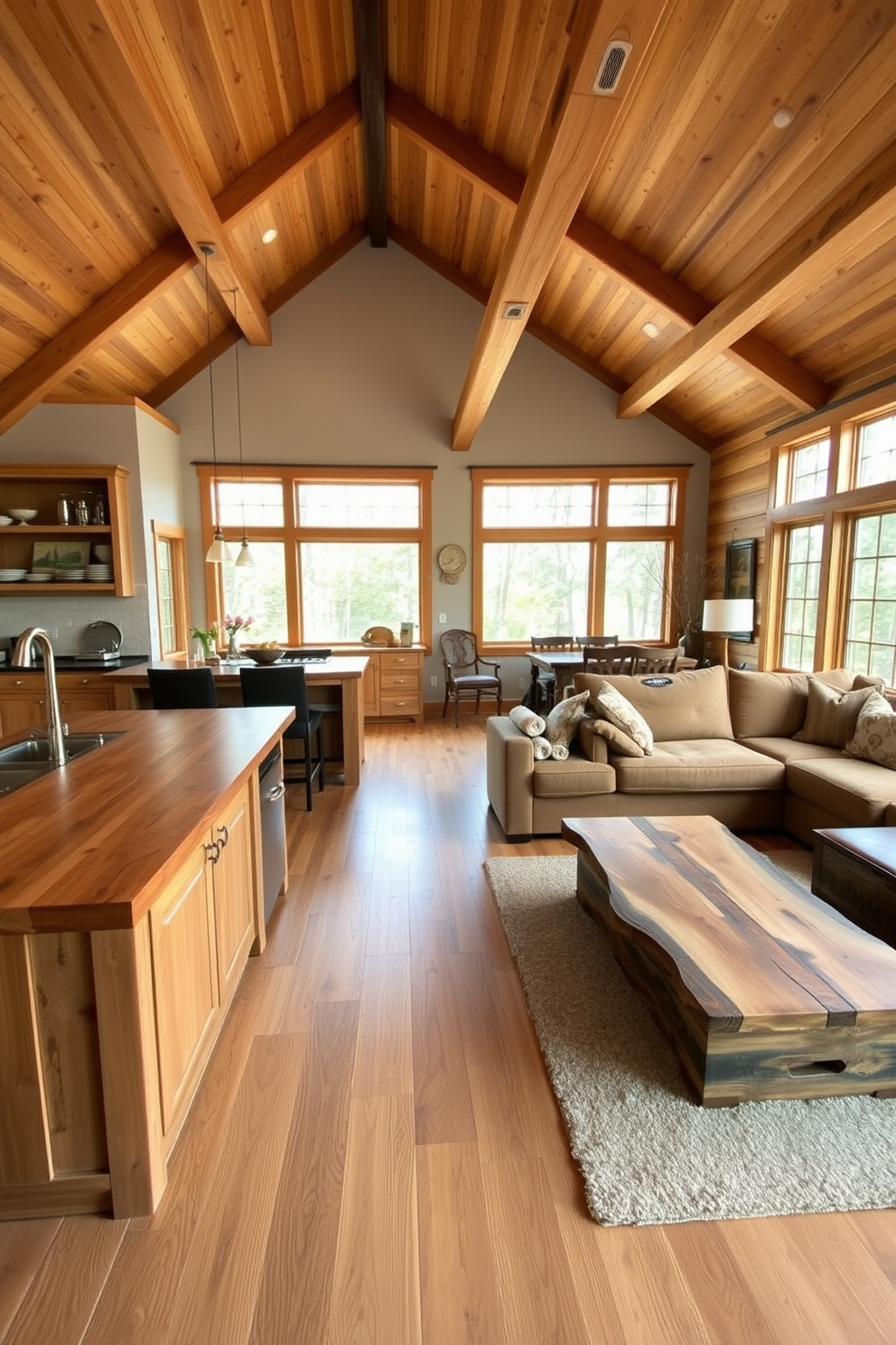 A spacious kitchen and family room combo featuring natural wood accents throughout the space. The kitchen includes a large wooden island with bar seating and open shelving displaying rustic dishware. The family room showcases a cozy seating area with a plush sectional sofa and a reclaimed wood coffee table. Large windows allow natural light to flood the room, highlighting the warm tones of the wood and inviting a sense of comfort.