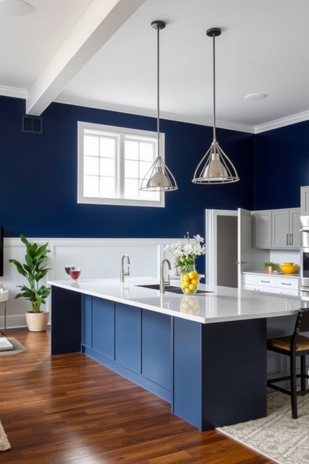 A striking bold accent wall in deep navy blue serves as the focal point of the kitchen family room combo. The surrounding walls are painted in a soft white, creating a beautiful contrast that enhances the room's spacious feel. The kitchen features sleek modern cabinetry in a matte finish, complemented by stainless steel appliances. An oversized island with a quartz countertop provides ample space for cooking and casual dining, making it the heart of the family room.