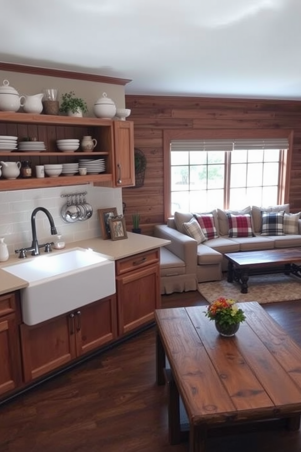 A cozy kitchen family room combo featuring a farmhouse sink as the centerpiece. The sink is surrounded by rustic wooden cabinetry, complemented by open shelving displaying charming kitchenware. The family room area includes a comfortable sectional sofa with plaid throw pillows, positioned near a large window that lets in natural light. A reclaimed wood coffee table sits in front of the sofa, adding to the inviting atmosphere of the space.