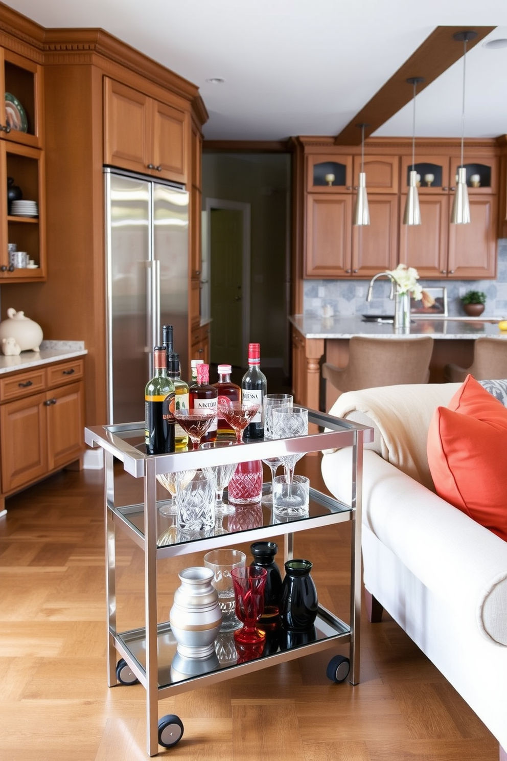 A stylish bar cart is elegantly positioned in the corner of the family room. It features a sleek metallic frame with glass shelves, adorned with an array of colorful glassware and a selection of fine spirits. The kitchen and family room are seamlessly integrated, showcasing an open-concept layout. Warm wood cabinetry and a large island create a welcoming space, while comfortable seating invites guests to gather and enjoy.