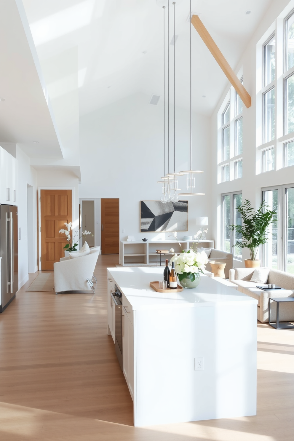 A light and airy kitchen family room combo featuring a seamless flow between spaces. The walls are painted in soft whites and light grays, complemented by natural wood accents for warmth. The kitchen boasts sleek cabinetry with minimalist hardware, while an expansive island serves as a focal point for gatherings. Large windows allow abundant natural light to fill the room, enhancing the inviting atmosphere.