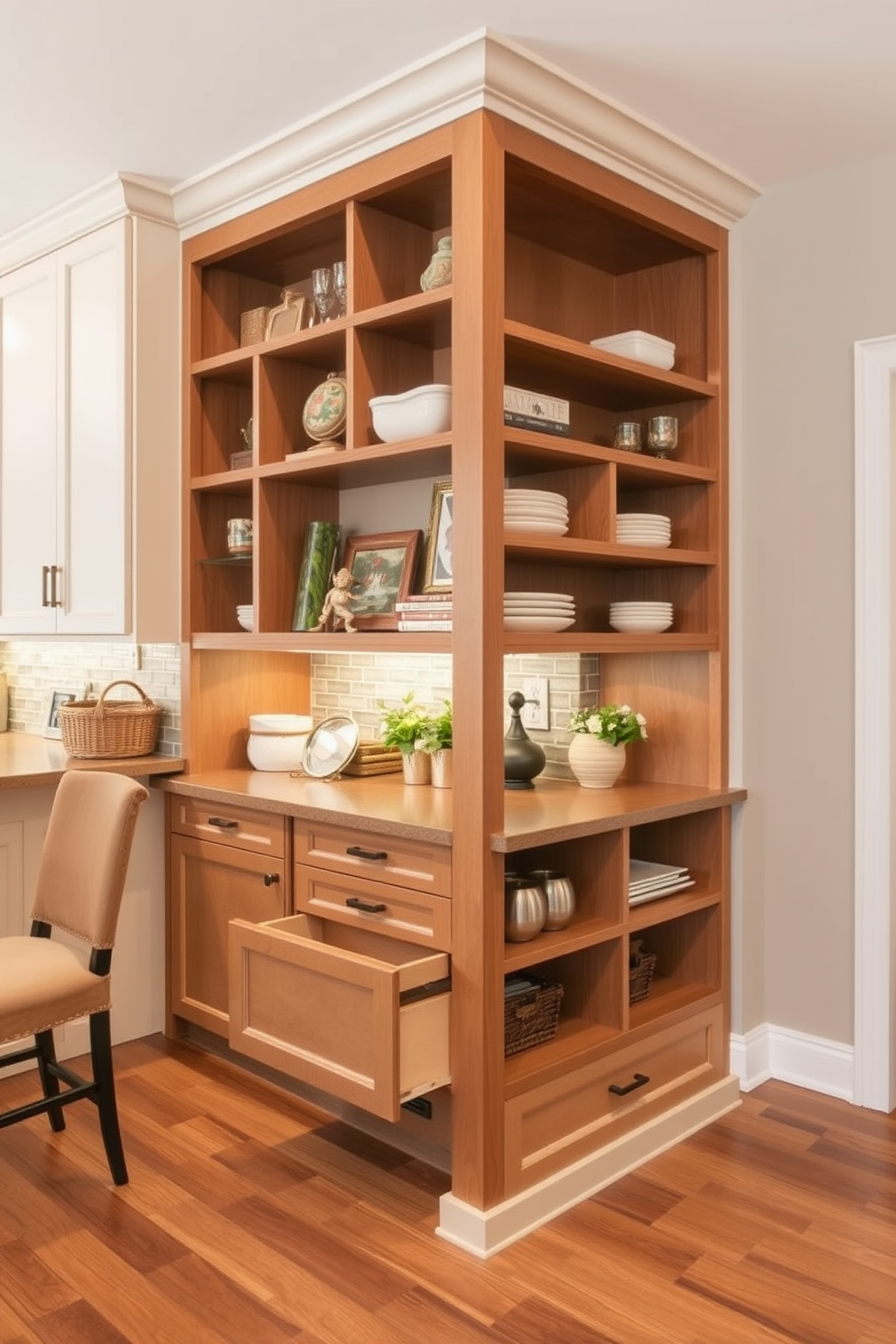 Custom cabinetry designed for personalized storage enhances the functionality and aesthetics of a kitchen family room combo. The cabinetry features a mix of open shelving and closed storage, seamlessly integrating with the surrounding decor while providing ample space for kitchen essentials and family items. Incorporating a cohesive color palette, the cabinetry complements the warm tones of the room, creating an inviting atmosphere. Thoughtful design elements, such as soft-close drawers and built-in lighting, elevate the overall experience, making the space both practical and stylish.