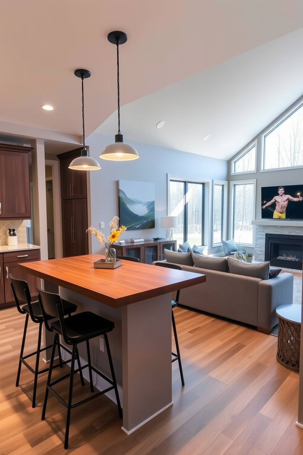 A cozy breakfast bar with high stools sits adjacent to the kitchen. The bar features a smooth wooden countertop and is illuminated by stylish pendant lights above. In the family room, a comfortable sectional sofa faces a modern fireplace. Large windows allow natural light to fill the space, creating an inviting atmosphere for casual gatherings.