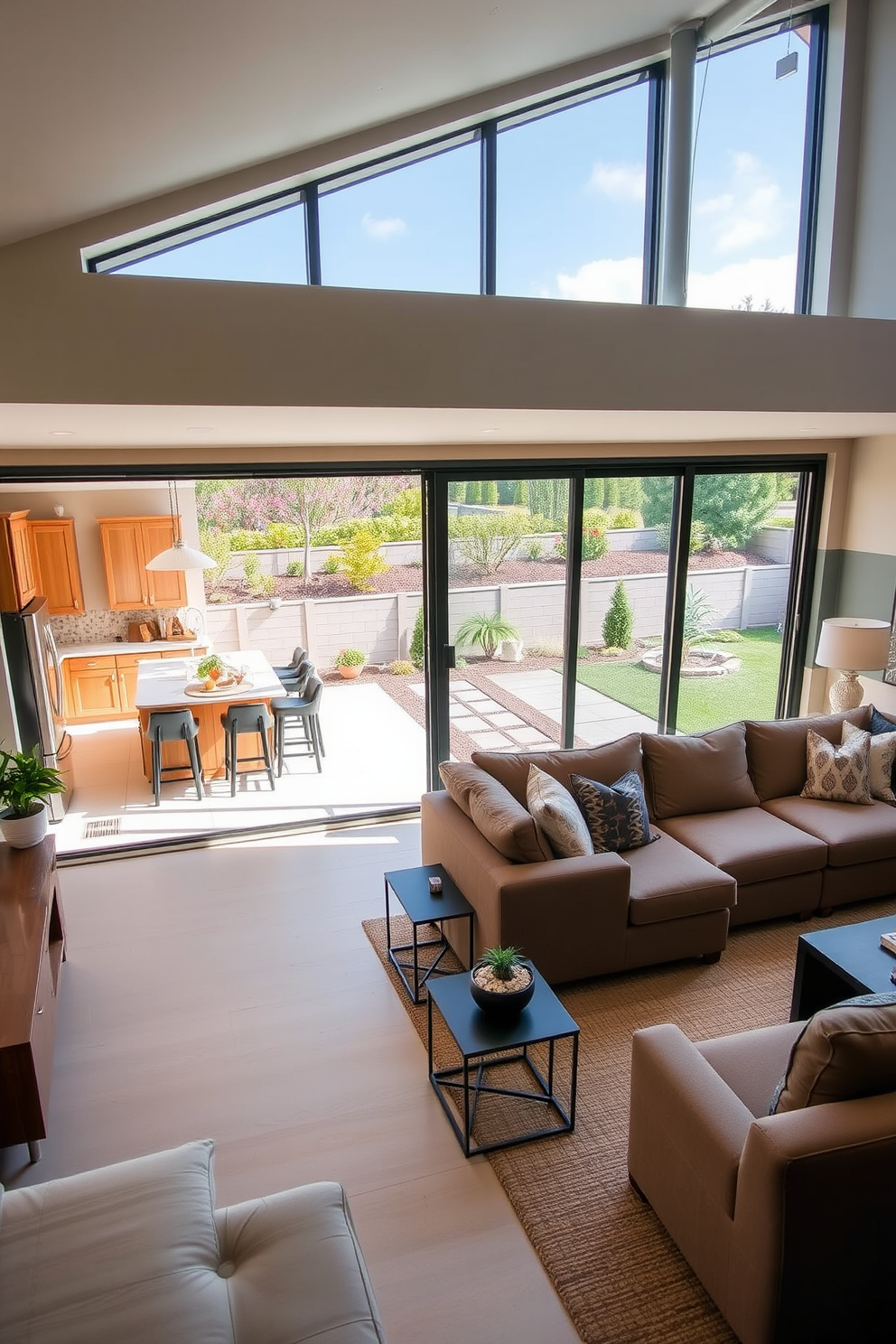 A spacious kitchen family room combo featuring large glass sliding doors that open to a beautifully landscaped patio. The kitchen has an island with bar seating, complemented by modern appliances and natural wood cabinetry, creating a warm and inviting atmosphere. The family room boasts a cozy seating area with a sectional sofa and a stylish coffee table, all arranged to encourage conversation and relaxation. Soft lighting and decorative elements like plants and artwork enhance the seamless connection between indoor comfort and outdoor living.