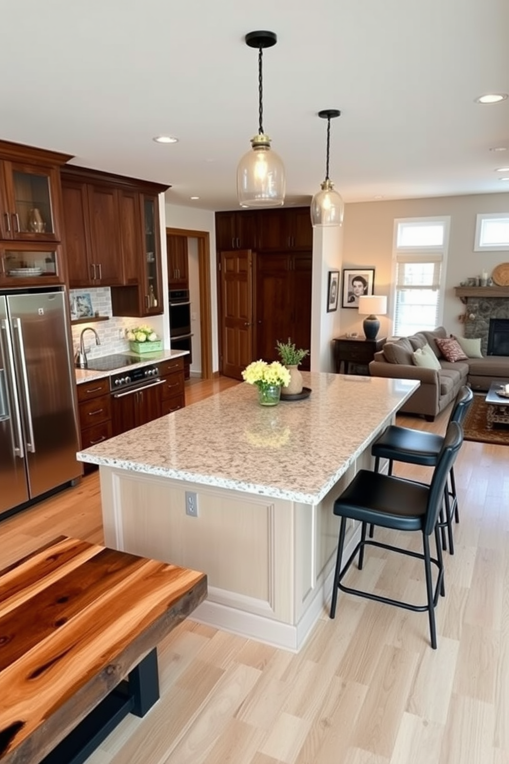 A spacious kitchen featuring a large island at the center, designed for gatherings and socializing. The island is topped with a polished granite surface and includes seating for four, with stylish bar stools that complement the overall decor. Adjacent to the kitchen is a cozy family room, seamlessly integrated into the design. The family room boasts a comfortable sectional sofa, a coffee table made from reclaimed wood, and a warm color palette that invites relaxation.