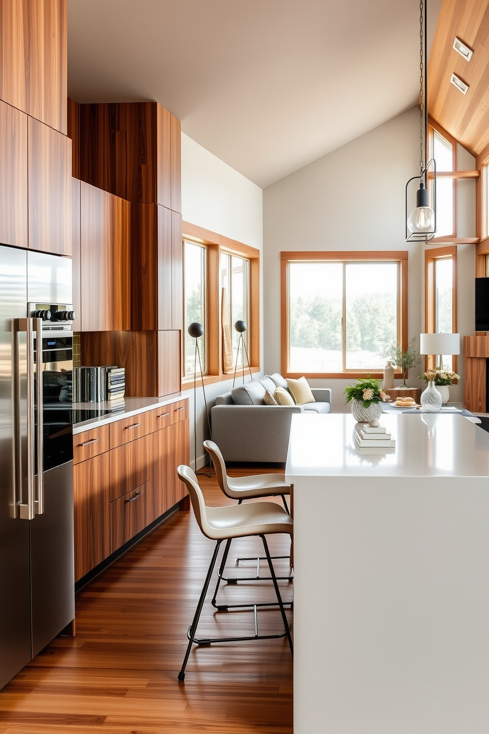 A modern kitchen seamlessly integrates appliances with sleek cabinetry for a clean and uncluttered look. The family room features an open layout that encourages interaction, with a cozy seating area adjacent to the kitchen. The kitchen island serves as a functional centerpiece, equipped with hidden storage and stylish bar stools for casual dining. Large windows allow natural light to flood the space, enhancing the warm tones of the wood and the contemporary finishes.