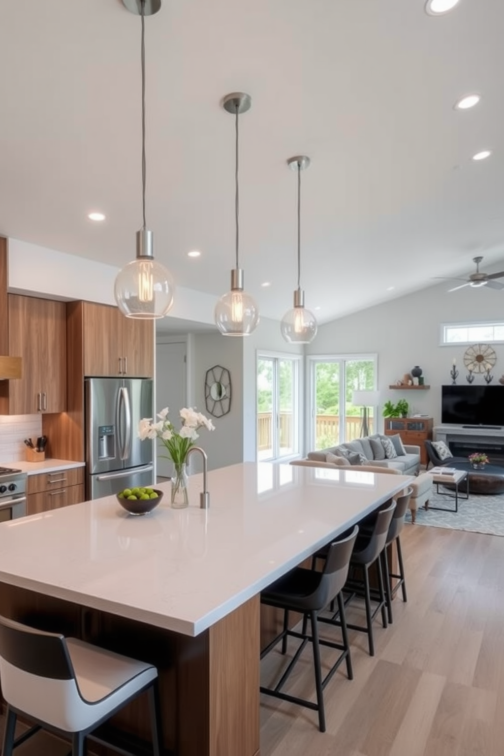 A modern kitchen and family room combo featuring statement pendant lights hanging elegantly over a large central island. The island is topped with a sleek quartz surface, surrounded by stylish bar stools, while the family room showcases a cozy sectional sofa and a contemporary coffee table.