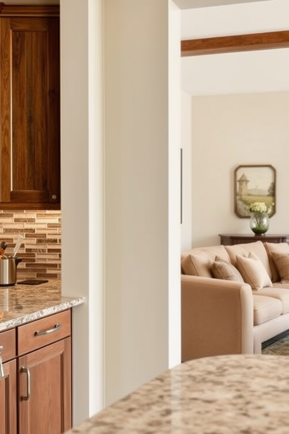 Textured backsplash featuring a mix of natural stone and ceramic tiles adds depth and character to the kitchen area. The family room seamlessly integrates with the kitchen, showcasing a cozy seating arrangement with plush cushions and a warm color palette.