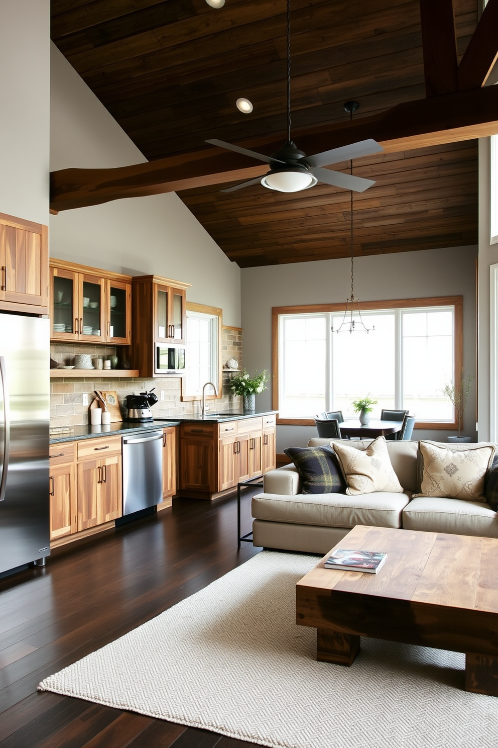 A kitchen and family room combo that seamlessly blends modern and rustic elements. The kitchen features sleek stainless steel appliances paired with reclaimed wood cabinetry, creating a warm yet contemporary atmosphere. In the family room, a plush sectional sofa in a neutral tone complements a reclaimed wood coffee table. Large windows allow natural light to flood the space, enhancing the inviting ambiance.