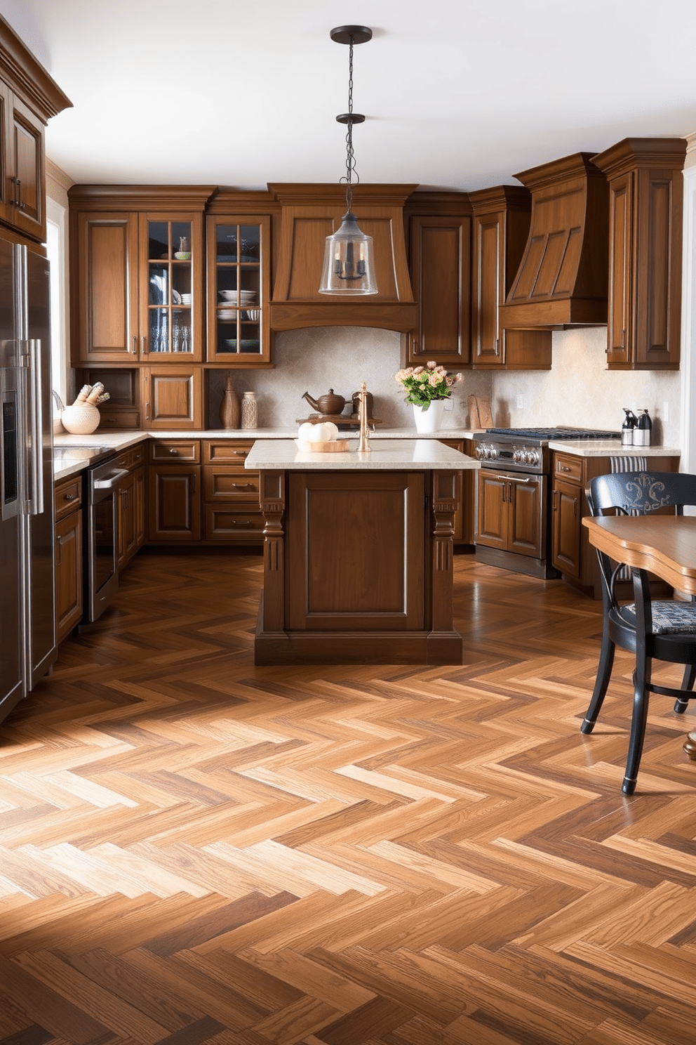 Timeless hardwood flooring exudes classic elegance, enhancing the kitchen's warm and inviting atmosphere. The rich tones of the wood create a seamless connection with cabinetry and decor, providing a sophisticated backdrop for culinary activities. Incorporate intricate herringbone or chevron patterns to elevate the design, adding visual interest and depth to the space. Complement the hardwood with natural stone accents and soft, neutral colors for a harmonious and timeless kitchen aesthetic.