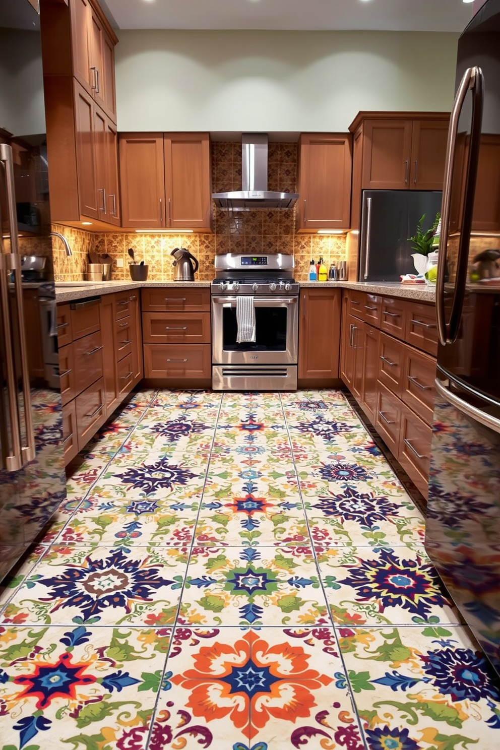 A vibrant kitchen floor adorned with hand-painted ceramic tiles showcases unique artistry. The intricate patterns and colors of the tiles create a lively atmosphere, enhancing the overall design of the space. The tiles are arranged in a captivating layout that draws the eye and adds character to the kitchen. Complementing the tiles, sleek cabinetry and modern appliances complete the stylish and functional design.