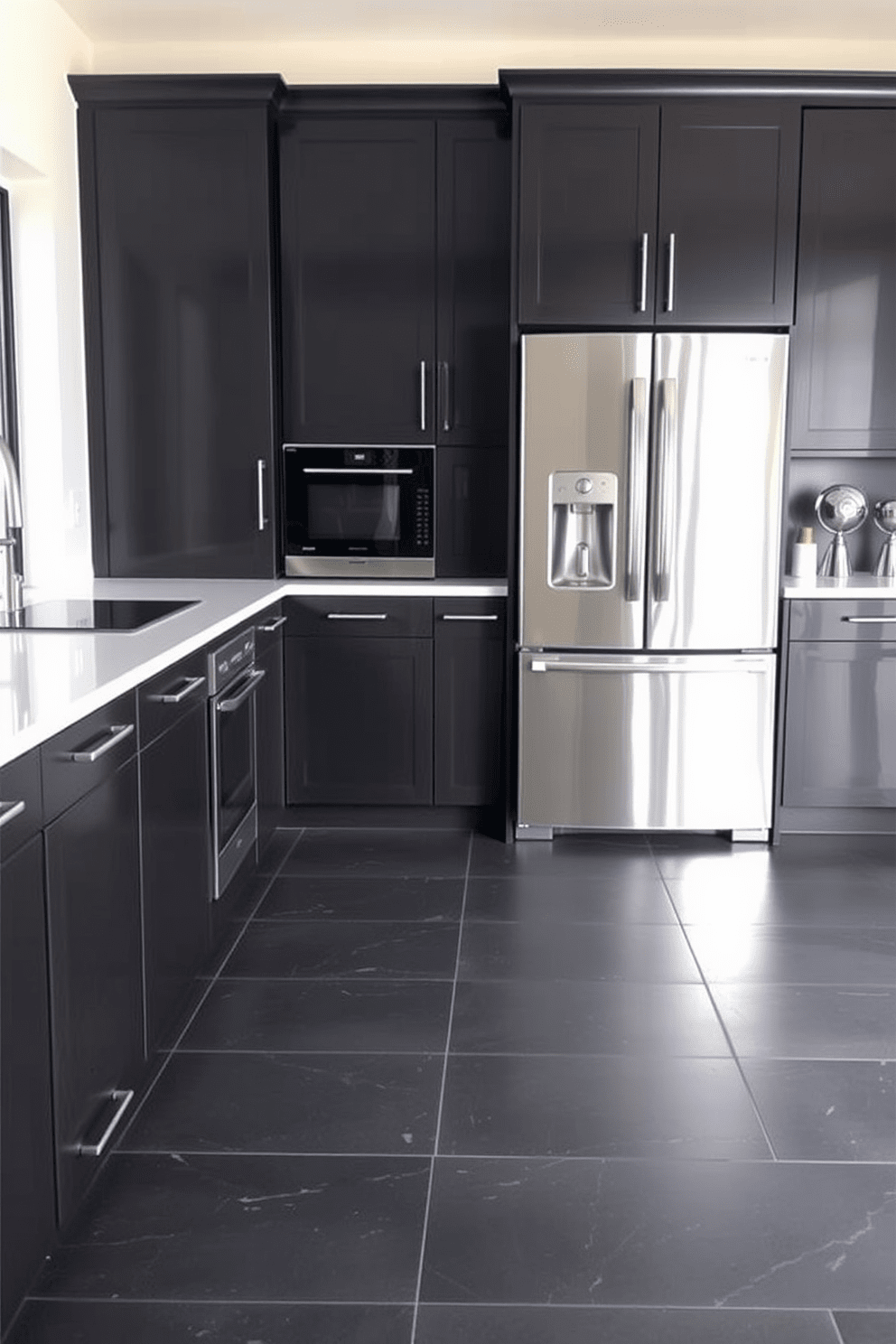 A sleek contemporary kitchen featuring dark slate flooring that adds a touch of sophistication. The slate tiles are large and polished, creating a seamless look that complements modern cabinetry and stainless steel appliances.