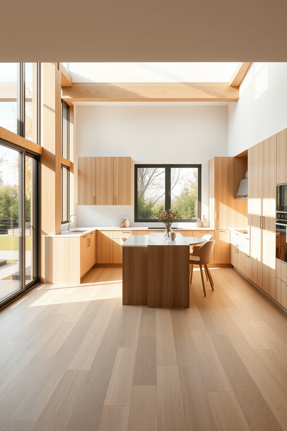 A light oak kitchen with an open layout featuring large windows that allow natural light to flood the space. The cabinetry is sleek and modern, complemented by a white marble backsplash that adds elegance. The flooring consists of wide planks of light oak, creating a seamless flow throughout the kitchen. A cozy breakfast nook with a round table and comfortable chairs is situated near the windows, enhancing the airy atmosphere.